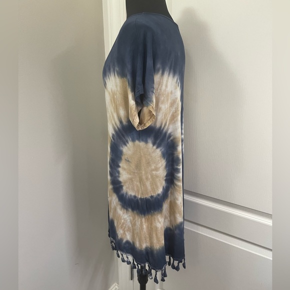 Chatoyant Women's Tie Dye Knee Length Dress S Bohemian Casual Navy Tan tassels - Picture 3 of 8